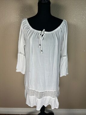 Double Decker White Boho Peasant Mini Dress / Beach Cover-Up – L/XL